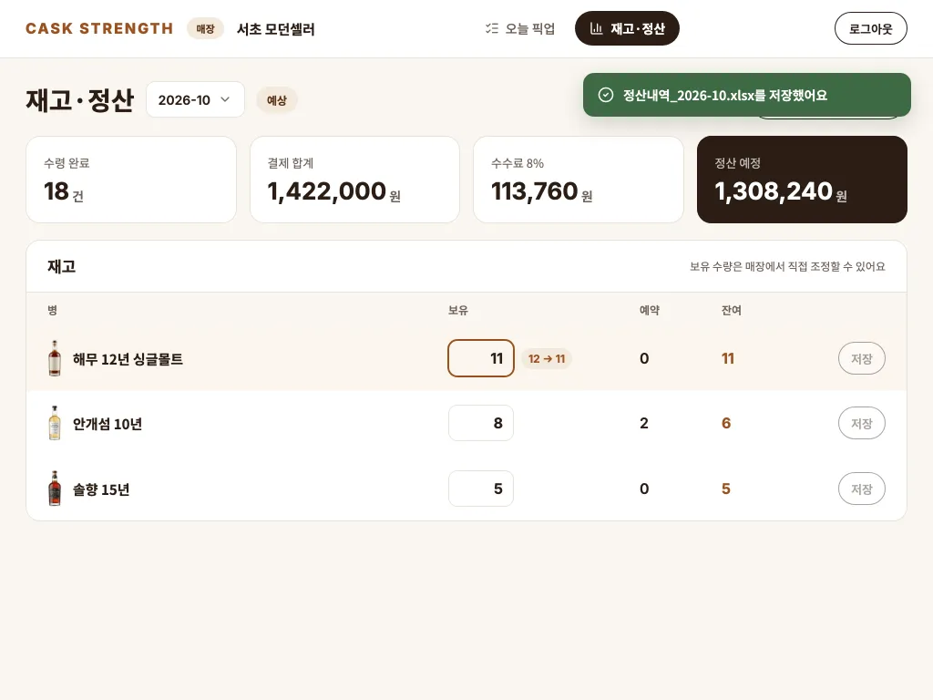 매장 태블릿의 재고·정산 화면. 수령 건수, 결제 합계, 수수료, 정산 예정 금액과 재고 표가 있다.