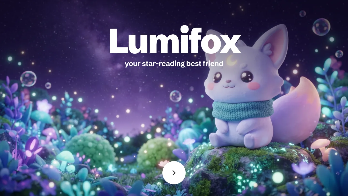 The Lumifox start screen. Lumi the moon fox sits in a glowing forest.