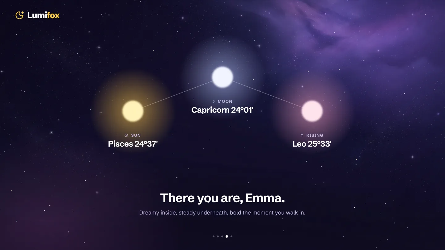 Three lights for the Sun, Moon, and Rising float in the night sky, above the line 'There you are, Emma.'