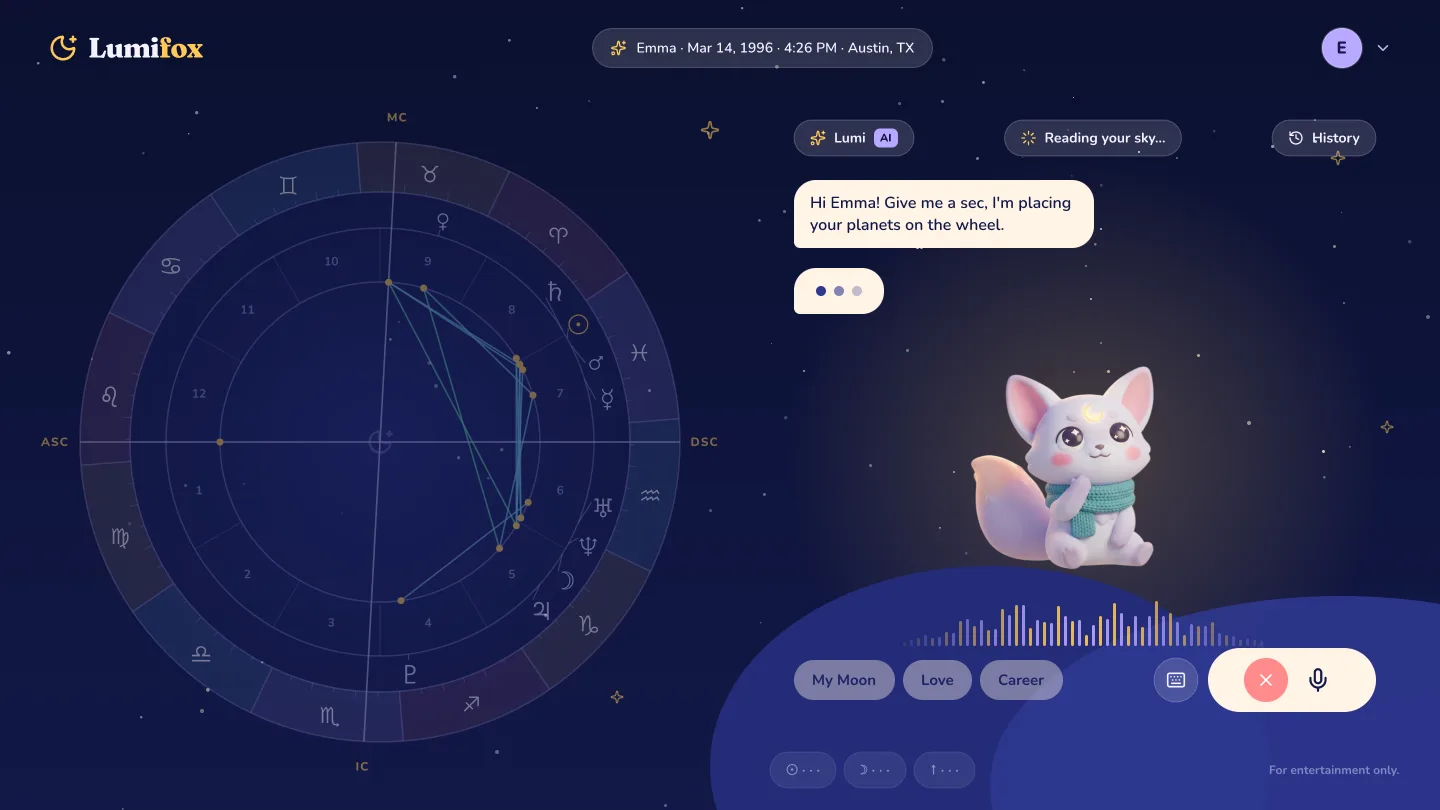 The birth chart on the left and Lumi on the right. Lumi is placing the planets on the wheel.
