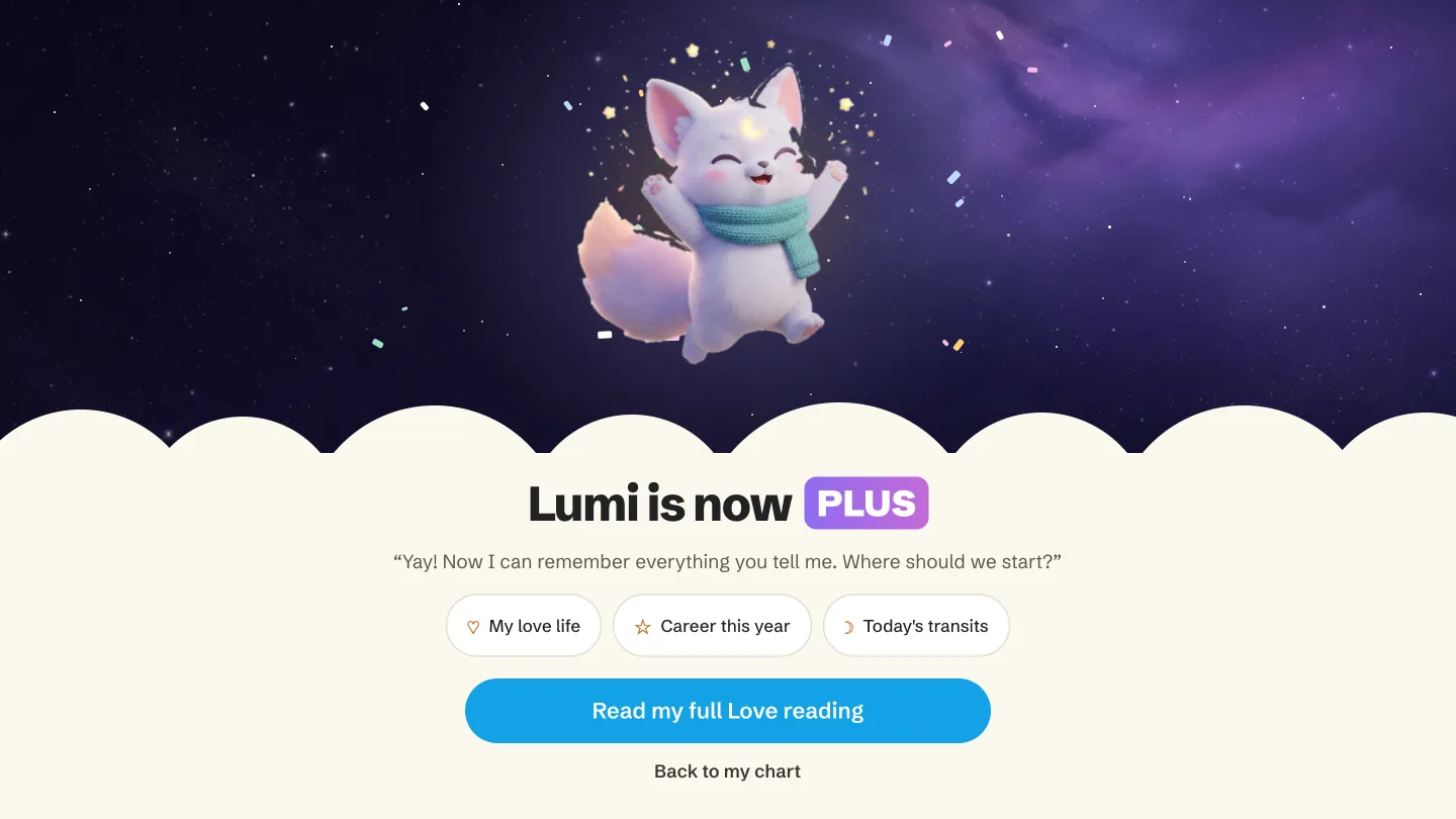 The subscription confirmation, reading 'Lumi is now PLUS', with chips for questions to ask next.