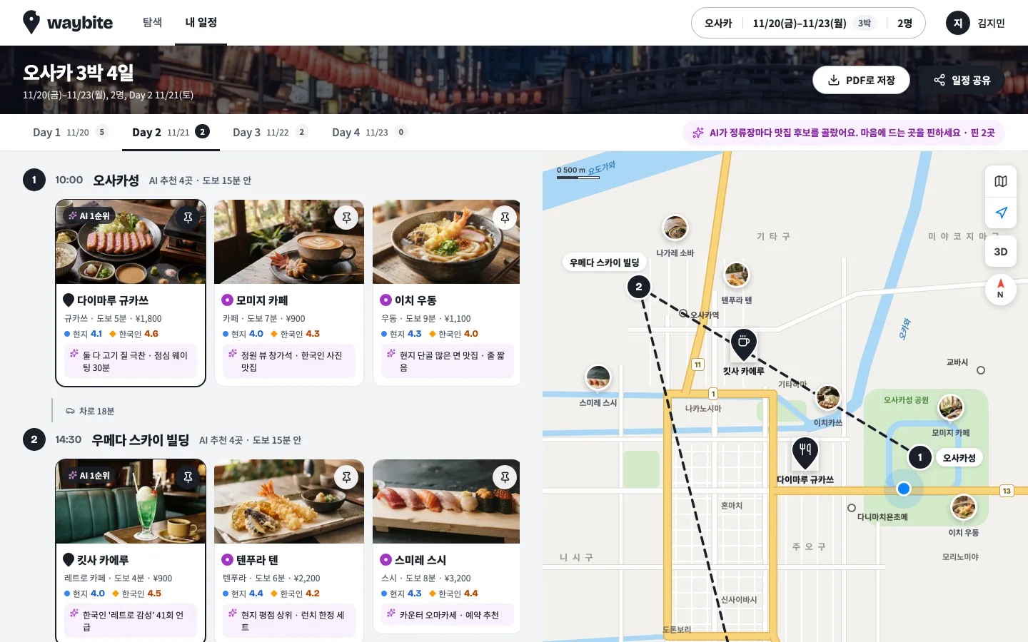 장소별 맛집 후보 카드와 동선 지도가 함께 있는 화면.